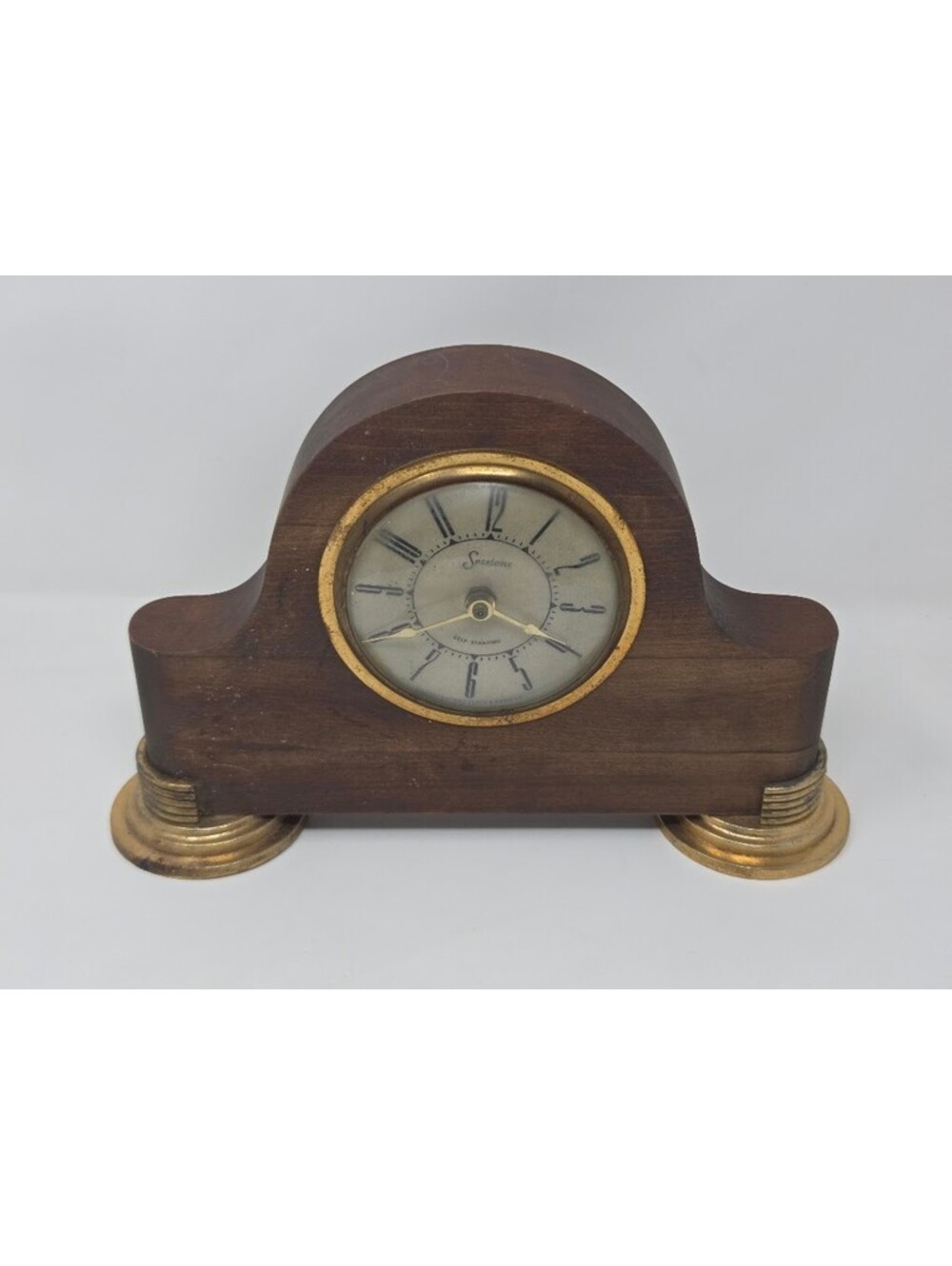 Sessions Self Starting Mantel Clock Wood Case Brass Tone Feet Vintage